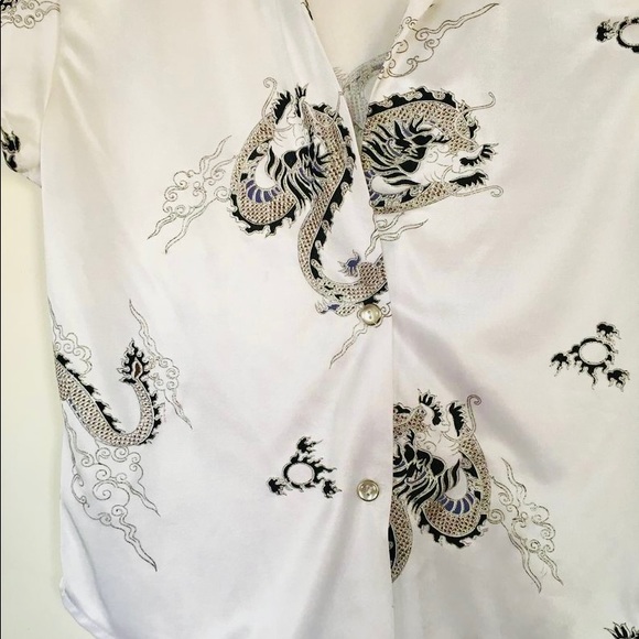 Vtg 90s Pearly White Satin Dragon Print Top - Picture 3 of 4